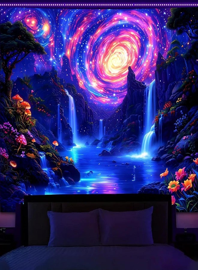 Manicer Blacklight Galaxy Waterfall Neon Tapestry - UV Reactive Glowing Cosmic Spiral Sky Glow in the Dark Nature Fantasy Landscape Wall Art for Bedroom - 59.1" x 80" - Image 1